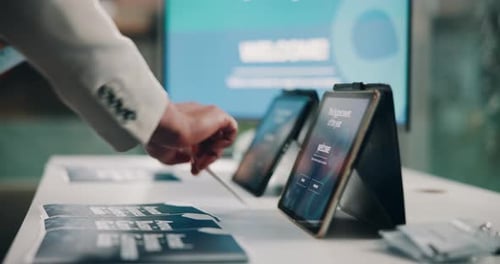 Hands, conference and tablet with expo discussion for brochure, information or showcase