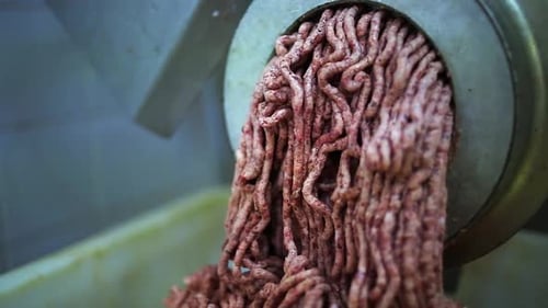 Fatty red meat emerges from meat grinder in butcher shop, close up view