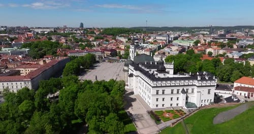 Cinematic Establishing Shot Above Cathedral Square in Downtown Vilnius, Lithuania