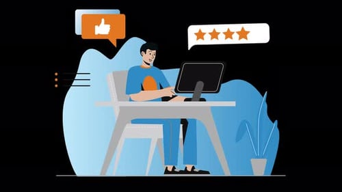 Person, die an einem Laptop mit Feedback-Symbolen arbeitet
