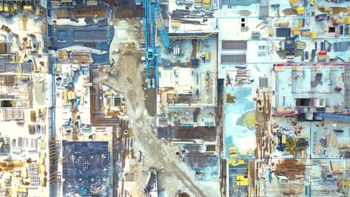 Aerial Bird Eye View Of a Construction Site Building Cranes Looking Down Industrial Machinery Area a