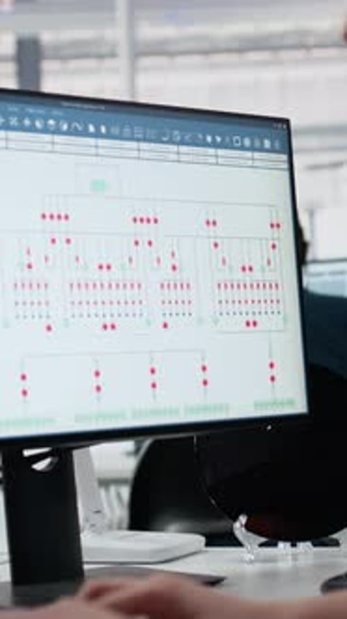 Vertical Video Analyzing PCB Architecture PC Software Close Up and Woman in Factory Office