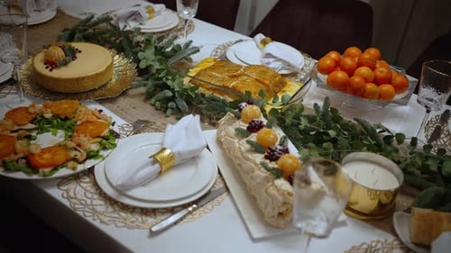 Festive Table Setting with Food and Decorations
