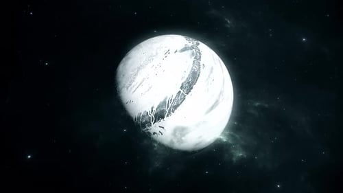 Icy Planet Rotation in Deep Space with Nebula Background