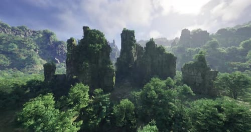 Rocky Formations Surrounded By Lush Greenery in a Serene Landscape