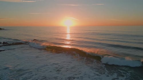 Aerial View Sunset Horizon Romantic Coastline Evening Blue Sky Orange Sunrise