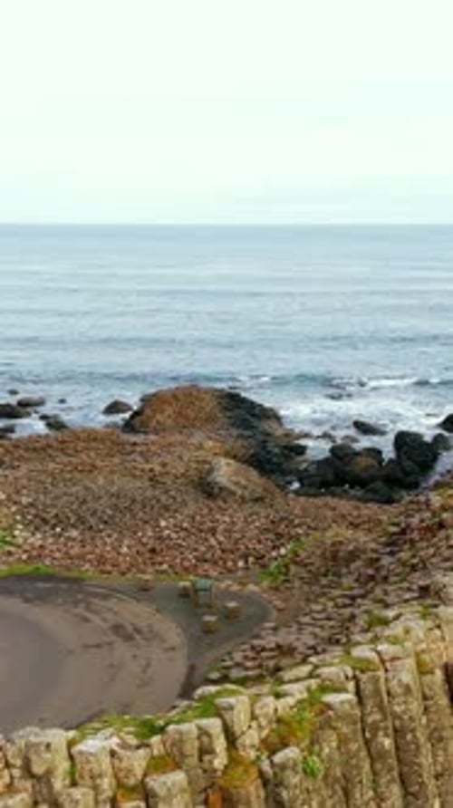 Social ratio aerial video reveal of The Giant's Causeway in Bushmills, County Antrim in NI