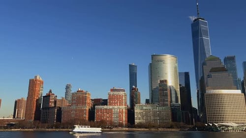 Lower Manhattan One WTC skyline ferry crossing, New York, USA