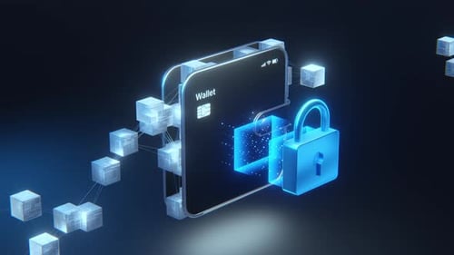 3D Secure Digital Wallet auf dem Smartphone mit leuchtendem blauem Vorhängeschloss und Blockchain-Netzwerk