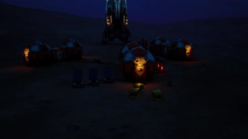 Overview of a Mars Colony Base Illuminated at Night with Habitat Modules