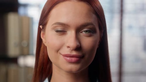 Close Up Face Emotion Flirting Caucasian Happy Smiling Carefree Cheerful Businesswoman Girl Female