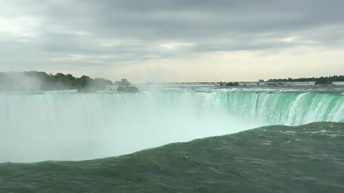 Niagara Falls landscape view, powerful water flowing down the waterfall creating steam, on a cloudy
