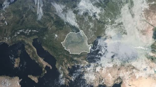 Earth Zoom into Romania Map Outline Animation