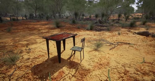 Table and Chair Sit Alone in a Dry Remote Landscape Under Clear Skies