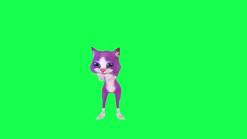 3D cute purple cat closing a lid isolated front angle green screen