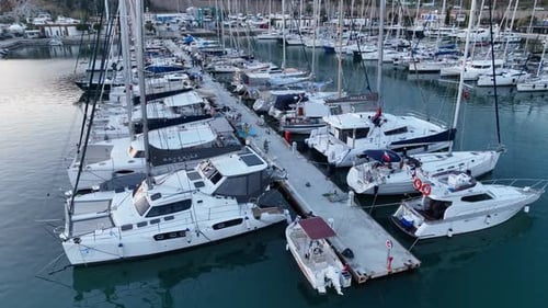 Sunset at Port with Yachts Aerial Mediterranean Nature Seascape Summer Sailboat Cruise Ships and