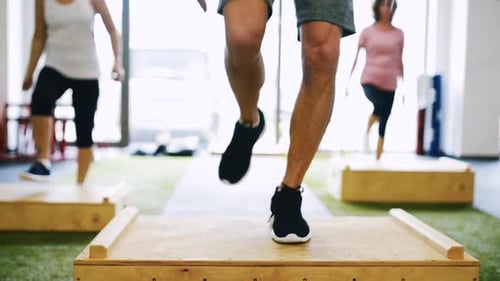 Unrecognizable Seniors in Gym Working Out, Doing Box Steps