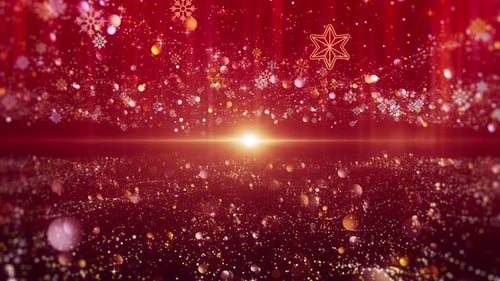 Red Festive Background with Golden Snowflakes and Particle Waves