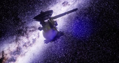 Scientific Space Probe Flying Through Starry Nebula Galaxy