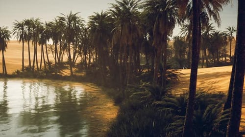Oasis luxuriante avec des palmiers se reflétant dans les eaux tranquilles au coucher du soleil