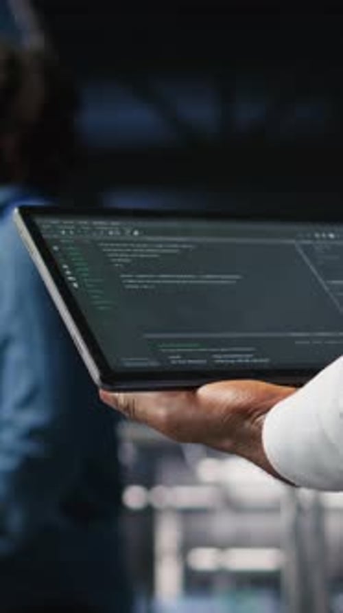 Vertikale Video-Nahaufnahme eines Rechenzentrumsadministrators, der den Code für maschinelles Lernen mit einem Tablet überprüft