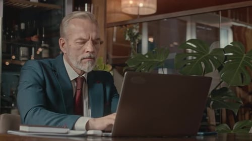 Adult Businessman Working on Laptop in Restaurant