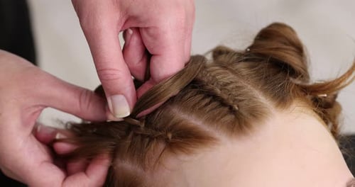Hairstylist braiding teenage girl's hair indoors, closeup