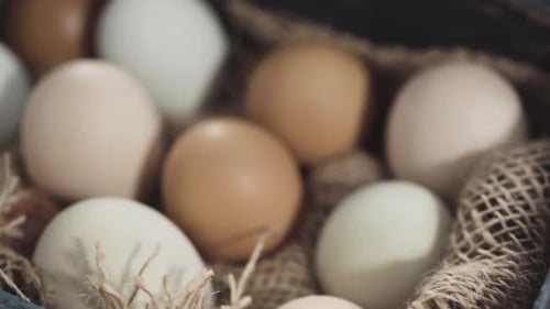 Bunte frische Eier vom Bauernhof in einer Vintage-Eierkiste