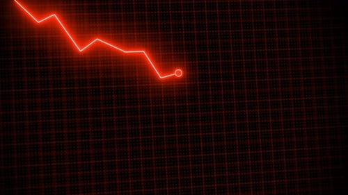 Negative red line graph falling down due to low prices and market recession. unsuccesses