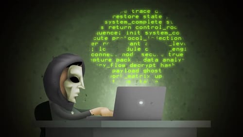 hacker with anonymous mask coding skull shaped malicious code on laptop