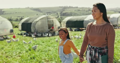 Chicken, family and mother with girl on farm for holiday, adventure and vacation in countryside