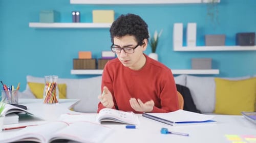 Boy Studying Hard at His Desk at Home