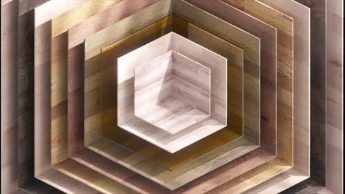 Sechseckige Formen aus Holz, die sich konzentrisch drehen und rhythmische geometrische Bewegungen gegen Schwarz schichten