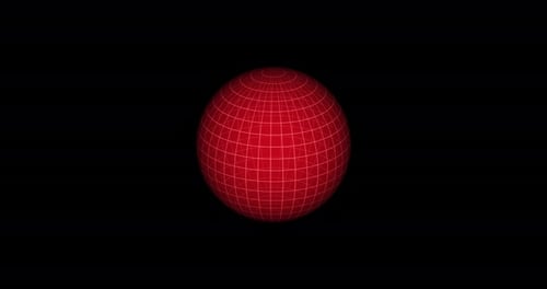 Tilted Futuristic Red Hologram Sphere With A Grid Slowly Rotates Against Black Background