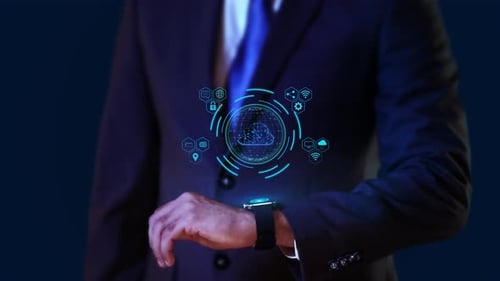 Businessman Virtual Display HUd Hologram Cloud Computing Backup Cyber Security Fingerprint Identity