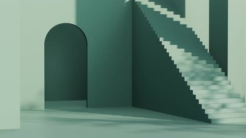 Sonniges grünes Zimmer, Wand mit Bogen. 3D-Renderer, realistisches Design. Laub, Blatt, Schatten, Sonnenlicht