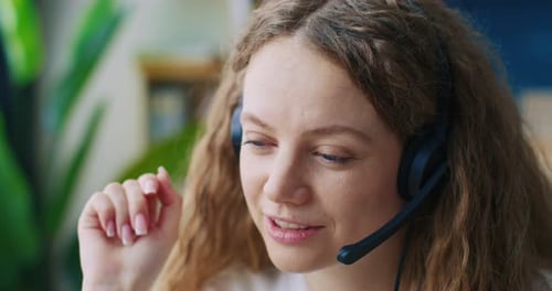 Close Up Callcenter and Phone Call Communication Talking with CRM Contact Costumers and Laptop at