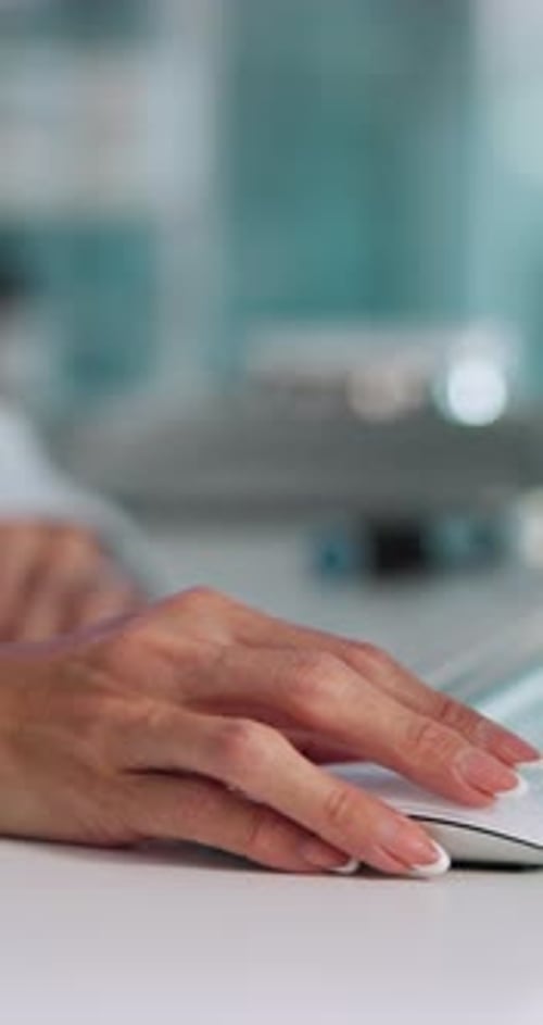 Search, keyboard and hands of person in office for planning, website and email