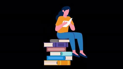 Animated Flat Design Person Reading on Stack of Books