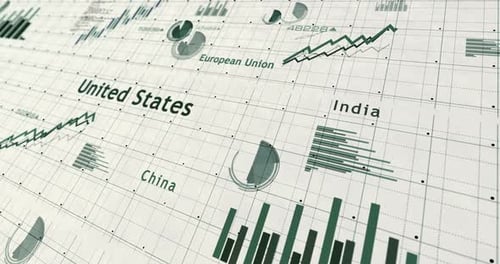 USA EU China India charts and graphs 3d diagram on paper