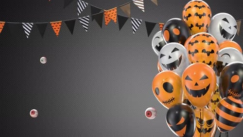 Gray Gradient Background of Halloween Balloons Hanging Flags on a Rope