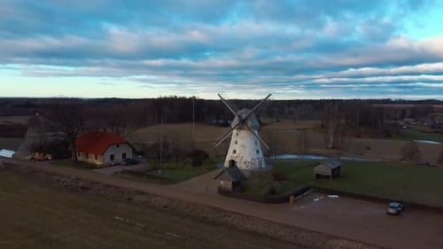 Old Araisi Windmill in Latvia Aerial Shot From Above. Winter Day at Sunrise. This Is the Only Windmi