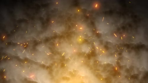 Dichter rauchiger Hintergrund, beleuchtet von schwebender glühender Glut und goldenem Licht