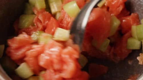 Chilean Salmon Tartar Seviche with Pouring Lemon Lime and Grapefruit Juice Onion Healthy Diet Food