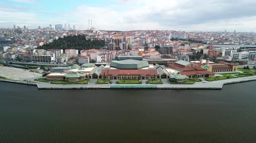 Centered drone shot of Halic Congress Center in Istanbul