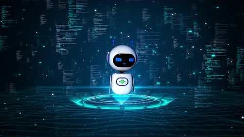 Futuristic AI Robot Assistant Interacting with Digital Code Background