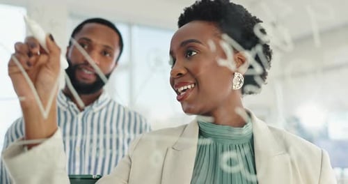 Planning, notes and business people writing on glass wall for collaboration