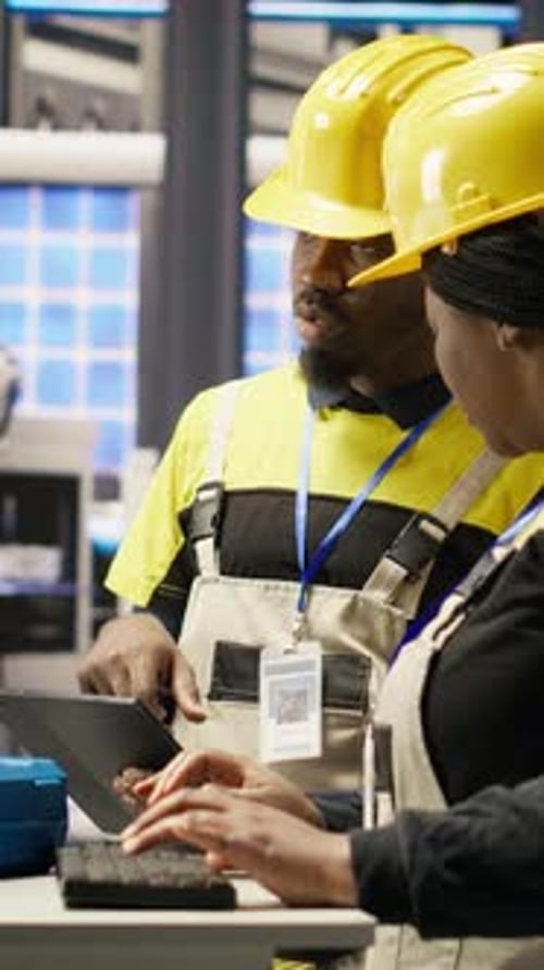 Une équipe d'ingénierie vidéo verticale utilise un PC dans une usine intelligente pour superviser les chaînes de montage robotiques