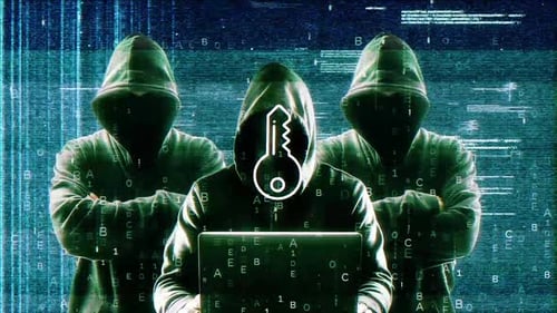 Cyber Hackers with Glitch Effect and Key Icon