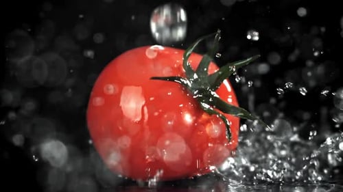 Wassertröpfchen fallen auf eine frische Tomate, gefilmt mit einer Hochgeschwindigkeitskamera mit 1000 Bildern pro Sekunde